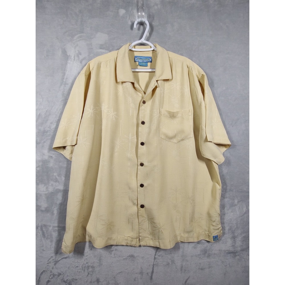 Bermuda Bay Mens XXL Yellow 100% Silk Palm Tree Jacquard Camp Shirt Short Sleeve